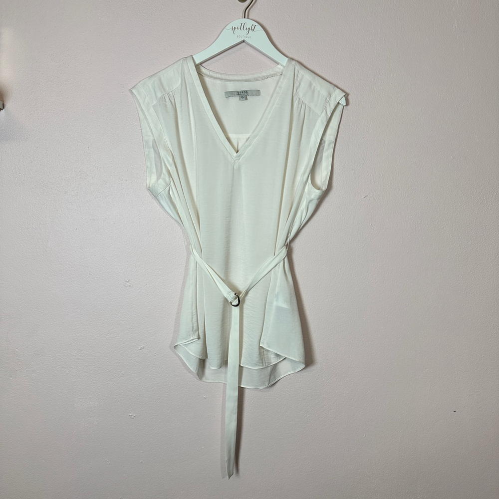 GUESS Ivory V Neck Sleeveless Belted Tunic Top Blouse Size S